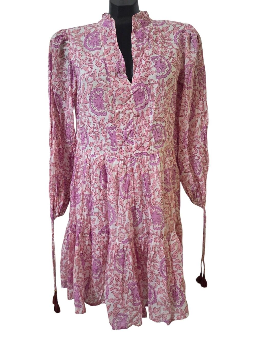 Oliphant Long Sleeve Yoke Dress Malta Pink S Floral Tassel Sleeves Lined K201